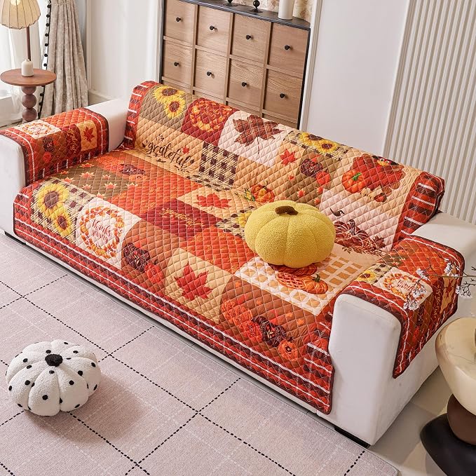 EVENHUG Fall Sofa Cover for Festival Home Decorations Thanksgiving Slipcover Furniture Protector Washable Couch Cover with Non Slip and Elastic Straps for Kids Pets Dogs (Sofa) - Image 8