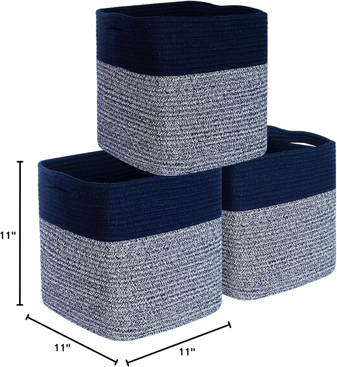 MINTWOOD Design 3-Pack 11x11in Woven Cube Storage Bin and Shelf Baskets, Cute Decorative Square Organizer for Closet, Classroom, Bathroom, Dog and Cat Toys, and Books, Navy Blue - Image 9