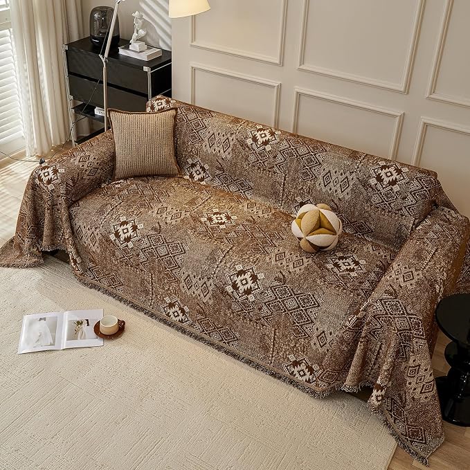 DREAMINGO Chocolate Brown Couch Protector Boho Sofa Covers for 3 Cushion Couch Geometric Jacquard Soft Chenille Furniture Cover for Dogs Washable Vintage Sofa Slipcovers for Sectional, 71"x134" - Image 7