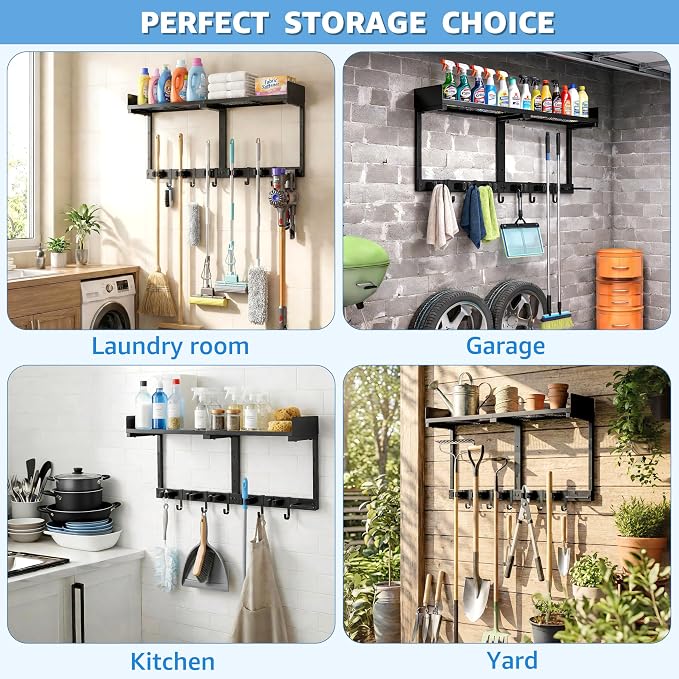 27" Mop and Broom Holder Wall Mount with Top Storage Shelf & Hooks,Black | Mop Hanger Wall Mount, 5 Grippers, 5 Hooks, Wall Organizer For Laundry Room, Garage And Kitchen - Image 6