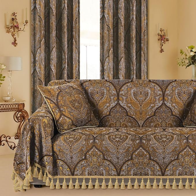 Loom and Mill Luxury Jacquard Sofa Arm Covers 2 PCS, Bronze Gold, 14x14in | Classic Antique Couch Armrest Cover with Tassels, Non-Slip Furniture Protector for Chair Sofa Recliners Couch Dogs Pets - Image 8