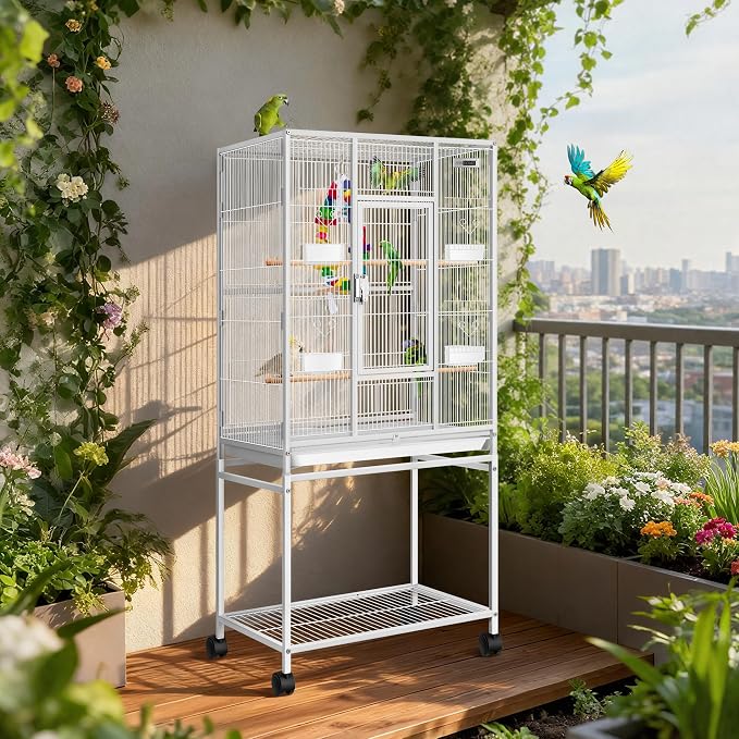 VIVOHOME 54 Inch Wrought Iron Large Bird Cage with Rolling Stand | Bird Flight Cage with Stand, Casters, Slide-out Tray for Parakeets Canaries Parrot Cockatiels Lovebirds Conures, Whtie - Image 9