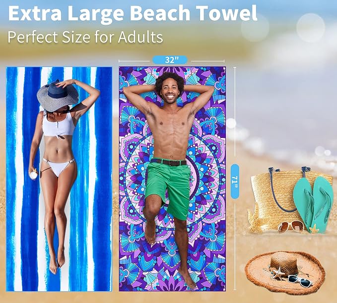 Microfiber Beach Towel Oversized 71x32 Multiple with Bag 4 Pack Bulk | Thin Lightweight Sand Free Absorbent Quick Dry Large for Travel Pool Swim Bath Cruise Sports Camping Essentials Adults Gifts - Image 7
