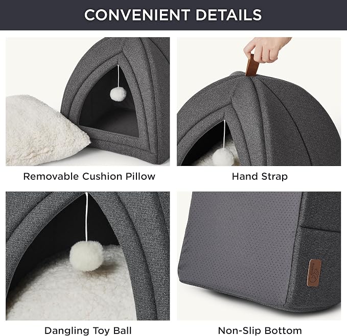 Bedsure 2in1 Cat Beds for Indoor Cats Cave for Kitten with Washable Pillow | 17.3in, Cat House Enclosed, Covered Cat Tent, Foldable Hideaway, Fluffy Ball, Anti Slip Bottom,Removable Cushioned ,Dark Grey - Image 6