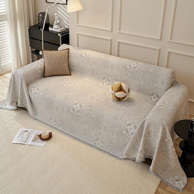 DREAMINGO Light Grey Couch Protector Boho Sofa Covers for 3 Cushion Couch Geometric Jacquard Soft Chenille Furniture Cover for Dogs Washable Vintage Sofa Slipcovers for Sectional, 71"x134" - Image 7
