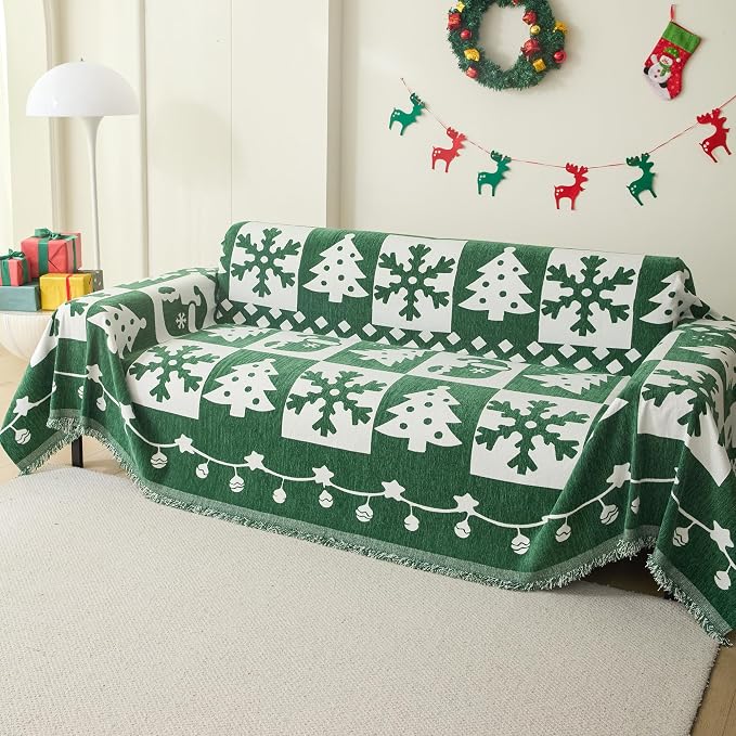 MEETSKY Christmas Couch Cover for Sectional Sofa, Chenille Loveseat Green Sofa Covers Washable for Pet Friendly Snowflake Christmas Tree Decorative Couch Covers, 71" x 102" - Image 8