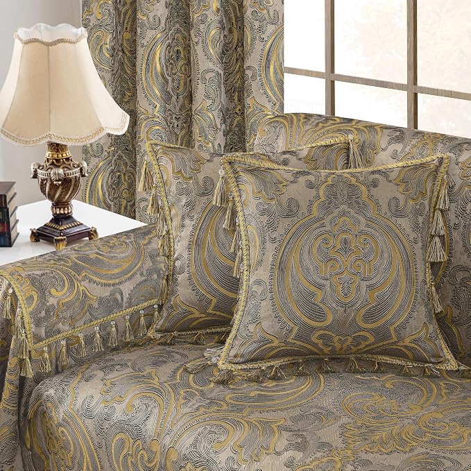 Loom and Mill Luxury Jacquard Sofa Arm Covers 2 PCS, Taupe Gold, 20x24in | European Antique Couch Armrest Cover with Tassels, Non-Slip Furniture Protector for Chair Sofa Recliners Couch Dogs Pets - Image 7