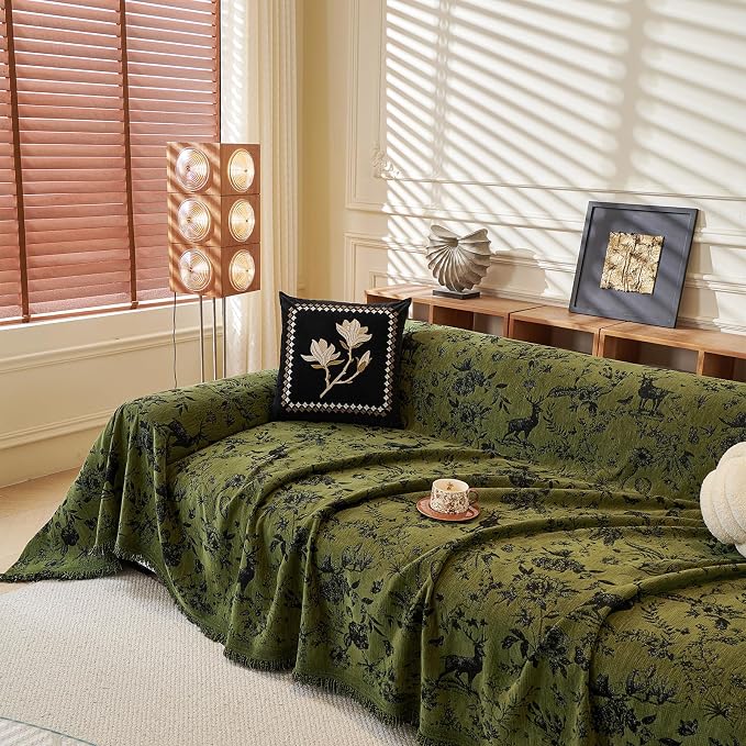 STACYPIK Modern Jacquard Sofa Cover for Dogs, Green Floral & Deer Couch Cover for 3 Cushion Couch, Washable Chenille Tassels Pets Furniture Protector, Aesthetic Throw Cover Blanket, Christmas-71X134IN - Image 9