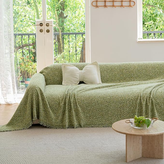 ROOMLIFE Green Sofa Cover, Vintage Boho Couch Cover for 3 Cushion Sofa, Soft Chenille Sofa Cover for Dog, Washable Furniture Sofa Protector Cover Blanket with Tassel for Living Room, 71 '' X 118'' - Image 9