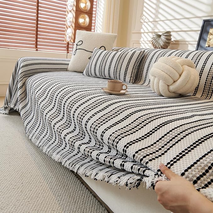 ROOMLIFE Thicked Striped Boho Black &Gray Couch Cover for 2-3 Cushion Sofa, Chenille Sofa Slipcovers Sectional Sofas Covers for Dog, Non Slip Washable Furniture Protector Soft with Tassel 71''X150'' - Image 9