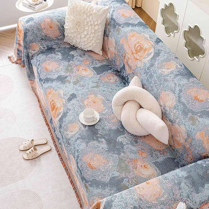 VClife Flower Couch Cover for Sectional Sofa Washable Sofa Cover, Modern Peach Blue Flower Sofa Couch Cover Breathable Anti-Slip Cotton Linen Sofa Slipcover with Tassel Aesthetic Sofa Cover 71"x118" - Image 9