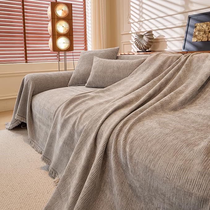 Solid Large Chenille Couch Covers for Sectional Sofa, Light Grey | Soft Non Slip Sofa Cover Washable, Pet Friendly Furniture Protector for Dogs Cats, Wear & Tear Resistant, Tassels, 71"x118" - Image 8