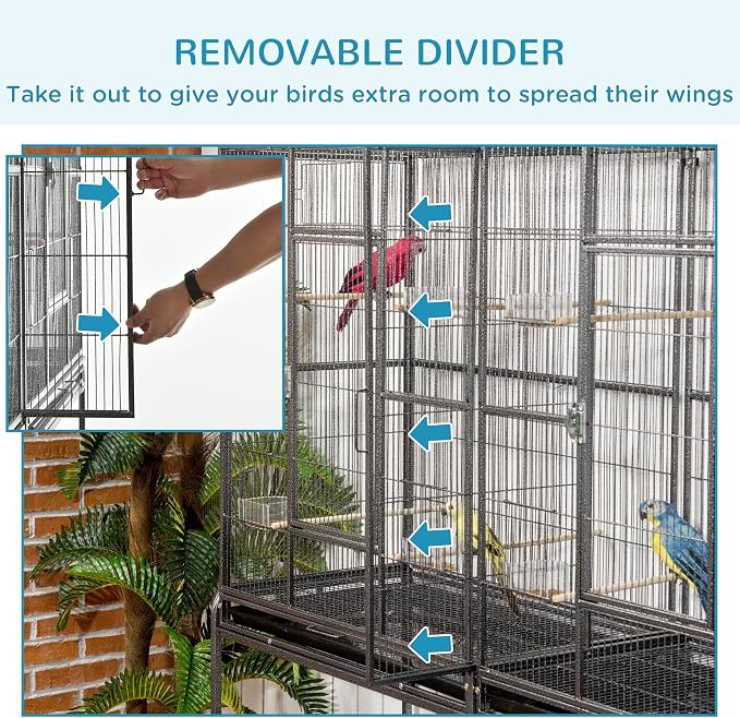 PawHut 65" Double Rolling Metal Bird Cage with Divider, Large Parrot Cage for Parakeet, Canaries, Lovebirds, Budgie, Finch, with Detachable Rolling Stand, Storage Shelf, Wood Perch & Food Container | for Parakeet, Canaries, Lovebirds, Budgie, Finch, De... - Image 9