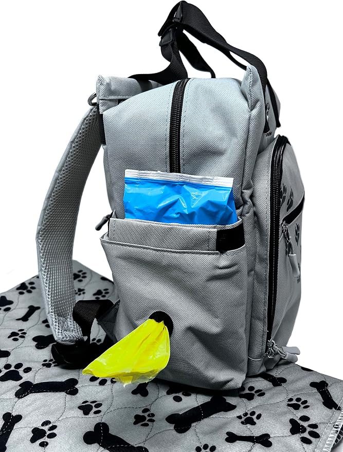 Dog Travel Bag - Dog Backpack Organizer - Pet Travel Kit Airline Compliant - Includes Large Pad, Food Canister and Bowls (Gray, Paw Prints) - Image 9