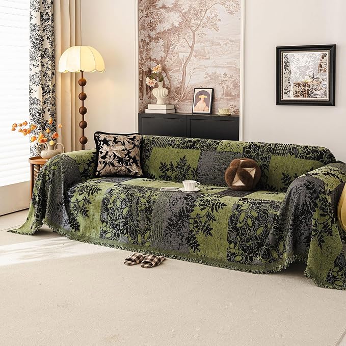 STACYPIK Vintage Patchwork Couch Cover for Dogs Floral Jacquard Sofa Cover | Brown, Thick, 3 Cushion Couch with Tassels, Boho Non Slip Couch Protector for Sectional, Washable Pet Sofa Blanket-71X134IN - Image 9