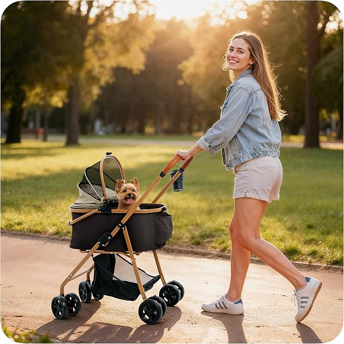 Pet Stroller for Small Medium Dogs & Cats – 2-in-1 Detachable Carrier, Zipperless Entry, Lightweight Folding Travel Stroller with Storage Basket, Cup Holder, Black&Beige