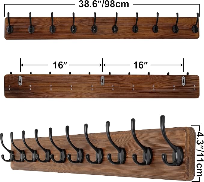 SKOLOO Farmhouse Style Wall Mounted Coat Rack, 38.6'' Pine Solid Wood Coat Hook Hanger - 10 Hooks for Hanging Clothes Robes Towels Coats - Image 5