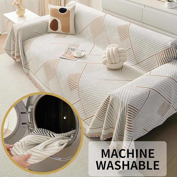 HAOMAIJIA Non Slip Couch Cover Sofa Covers for 3 Cushion Couch Washable sectional Couch Covers for Dogs pet Furniture Protector Couch Cover Blanket for Living Room (CQ-Khaki/Grey, 91"x134") - Image 7