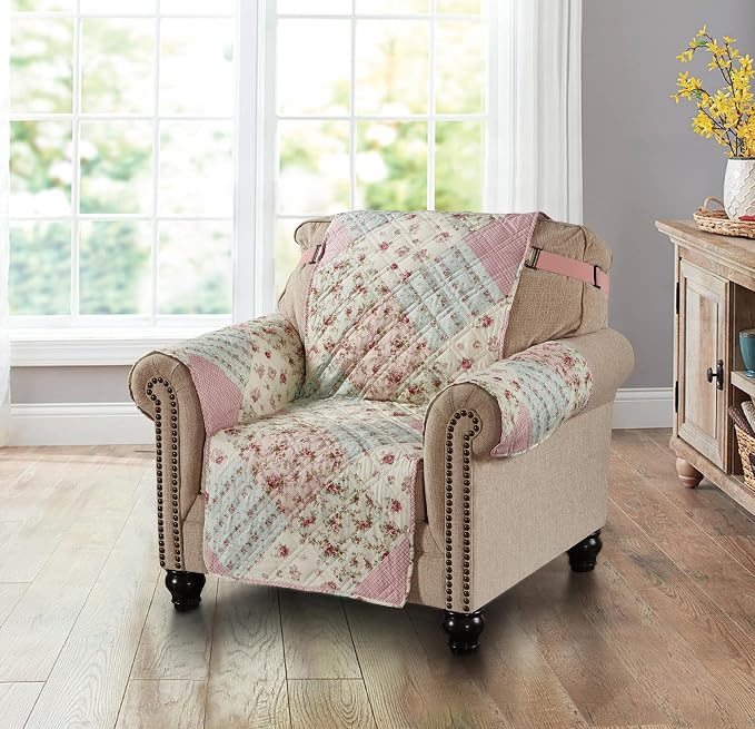 Brilliant Sunshine Pink & Green Roses Couch Armchair Cover, 23" seat | Non Slip Sofa Cover, Patchwork Design, Quilted Furniture Protector, Washable Chair Slipcover for Pets, Dogs & Cats - Image 6