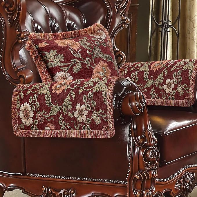 Loom and Mill Vintage Chenille Sofa Arm Covers 2 PCS, Rust Red, 20x24in | Rustic Floral Jacquard Couch Armrest Cover with Fringe Trim, Non-Slip Furniture Protector for Chair Sofa Recliners Couch Dogs - Image 8