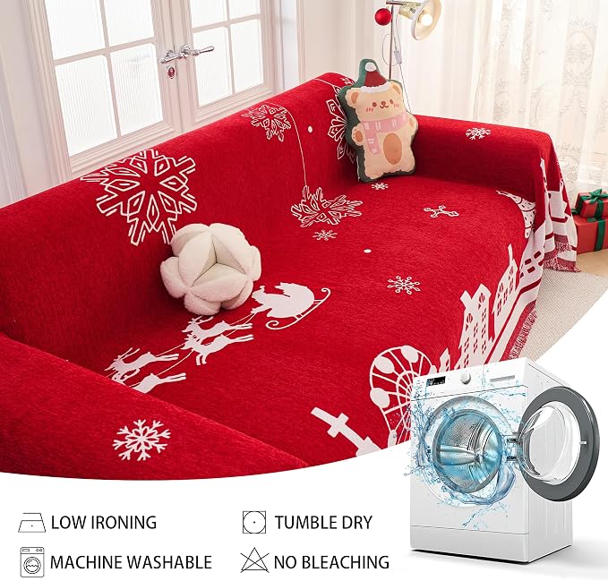 MEETSKY Christmas Couch Cover Red Sofa Slipcover for 2 Couch, Sofa Covers Washable Use Thick Soft Fabric Couch Cover for Dogs, Multi-Use Decorative Couch Protector for Pets, 71" x 118", Red - Image 7