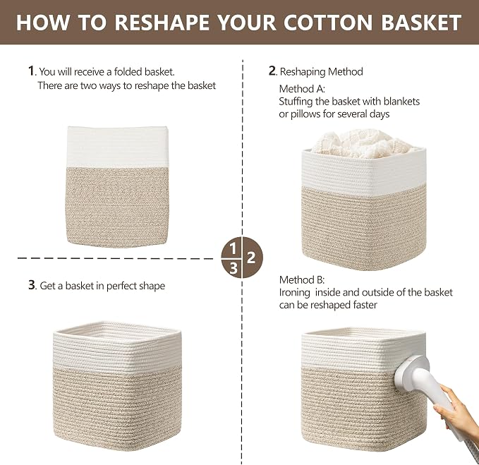 joybest 11inch Cube Storage Bins, Cotton Rope Woven Organizer Basket | Set of 4 Cube Bin Square Shelves Organizer Closet Storage, Nursery, Toy Organization, Brown&White - Image 7