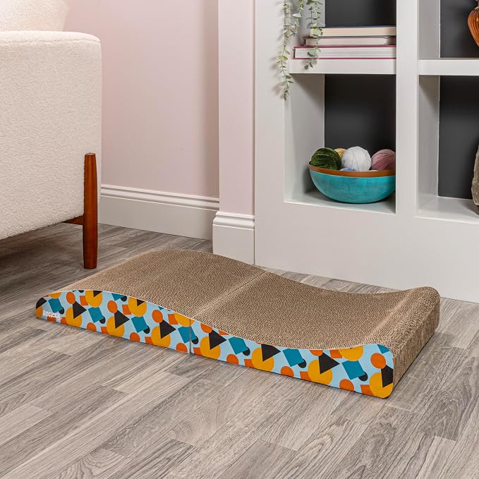 CSR1011A Eero 32" Modern Cardboard Foldable Lounge Cat Scratcher with Catnip, Blue/Orange - Image 7