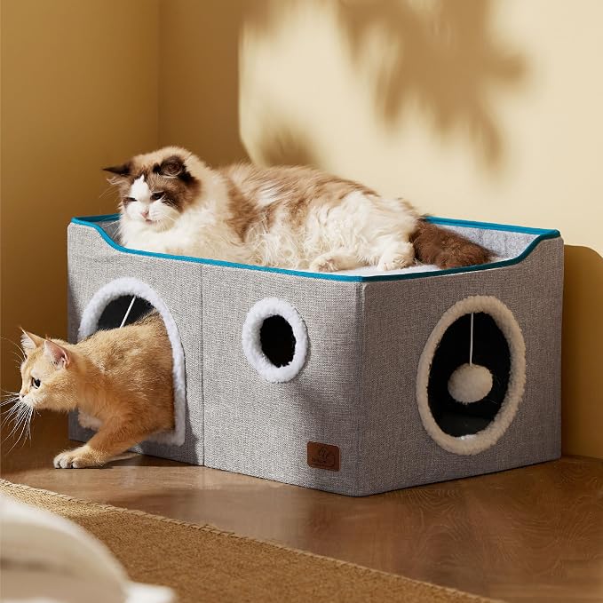 Bedsure Extra Wide Cat House Bed with Fluffy Ball and Scratch Pad,Grey | 23.6x16.9x13 in,Indoor Cat Cave for Multiple Pets, Foldable Cat Hideway Cube for Sleeping Large Cat and Kitten - Image 8
