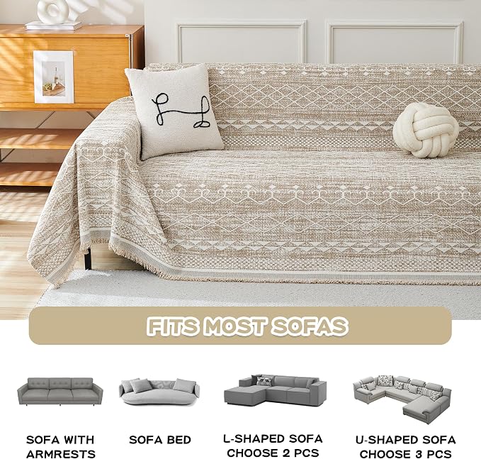 MEETSKY Boho Couch Cover Sofa Slipcover for Sectional Sofa Covers Protector Universal Use Chenille Blend Thick Fabric Washable, Modern Design Sofa Throw Cover for Living Room, 71" x 118", Khaki - Image 7