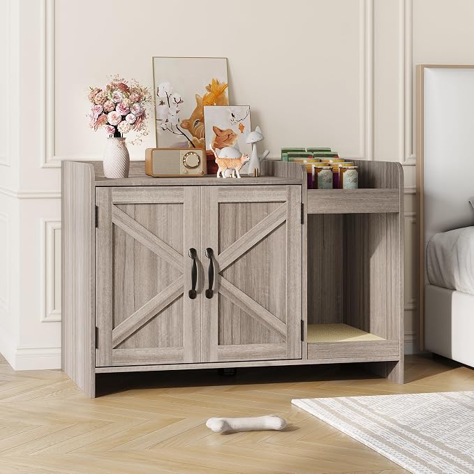 Halitaa Cat Litter Box Enclosure, Hidden Litter Box Furniture with Scratch Pad and Storage, Modern Indoor Cat House with Divider, Side End Table, Grey - Image 8