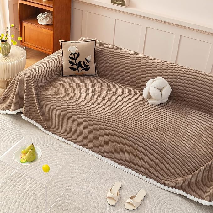 Brown Striped Chenille Sofa Cover for Sectional with Pom Pom Trim, Non Slip Couch Cover for Pets Washable, Soft Couch Protector for 3 Cushion Couch Boho Cute Throw Blanket for Living Room-71X150IN - Image 9