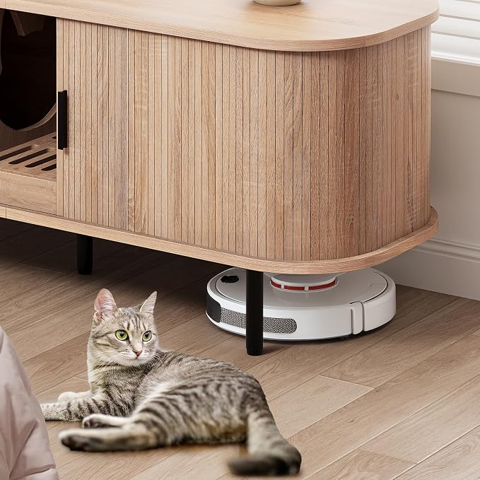DWVO 55.1in Double Cat Litter Box Enclosure with Power Outlet | Wooden Kitty Litter Box TV Stand Furniture, Litter Box Furniture Hidden for 2 Cats, Light Oak - Image 6
