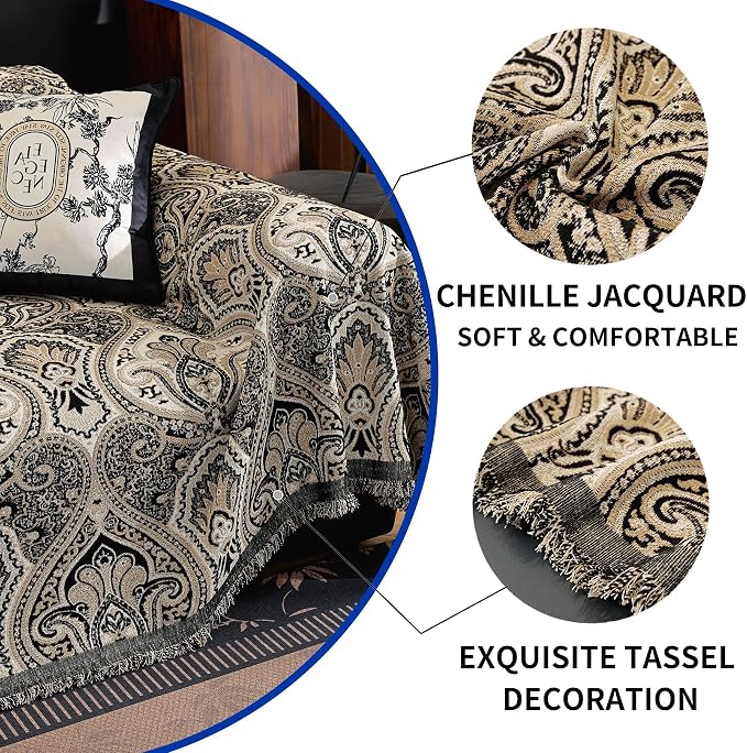 Vintage Couch Covers for Sofa Washable Sofa Covers for 3 Cushion Couch Non Slip Couch Covers for sectional Sofa Chenille Jacquard Furniture Protector for Dogs Pet Friendly Black, 91"x134" - Image 8