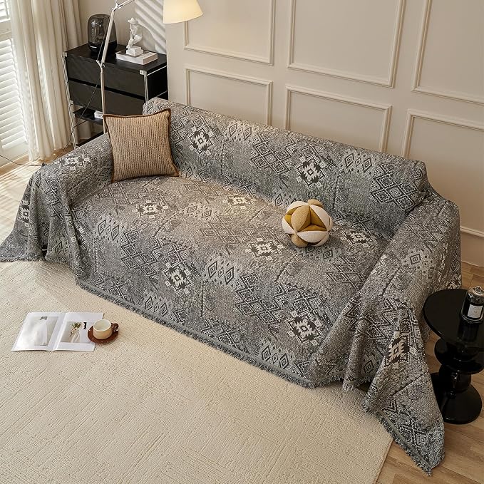 DREAMINGO Couch Cover - Geometric Jacquard, Dark Grey, Boho Vintage 3 Cushion Couch Covers for Dogs Washable, Chenille Furniture Protector Sectional Sofa Slipcovers 3 Seater, XX-Large 71"x150" - Image 7