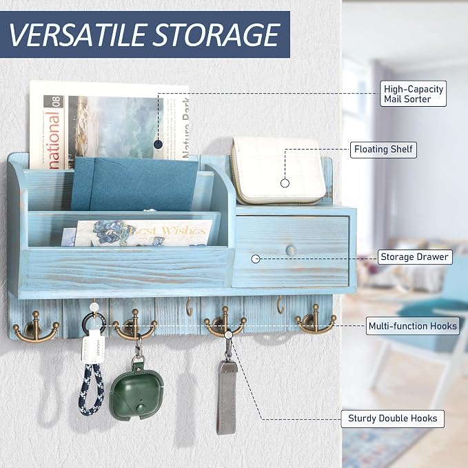 Rebee Vision Key Holder Wall Mount for Room Decor, Distressed Blue | Pine Wood Mail and Key Organizer for Wall, with 7 Hooks, Drawer Organizer, Ideal Storage Solution for Home Improvement - Image 6