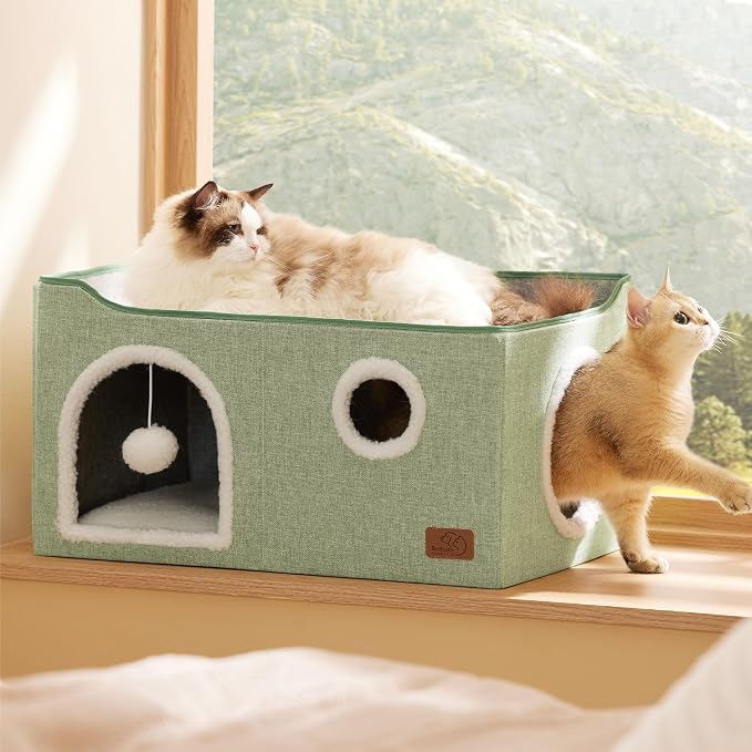 Bedsure Extra Wide Cat House Bed with Fluffy Ball and Scratch Pad,Green | 23.6x16.9x13 in,Indoor Cat Cave for Multiple Pets, Foldable Cat Hideway Cube for Sleeping Large Cat and Kitten - Image 8