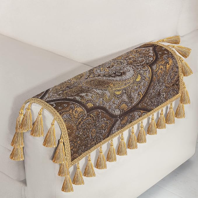 Loom and Mill Luxury Jacquard Sofa Arm Covers 2 PCS, Bronze Gold, 20x24in | Classic Antique Couch Armrest Cover with Tassels, Non-Slip Furniture Protector for Chair Sofa Recliners Couch Dogs Pets - Image 7