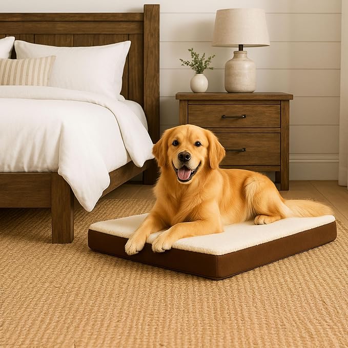 Orthopedic Dog Bed - 2-Layer Memory Foam Crate Mat with Machine Washable Sherpa Cover - 36x27 Pet Bed for Large Dogs Up to 65lbs by PETMAKER (Brown) - Image 8
