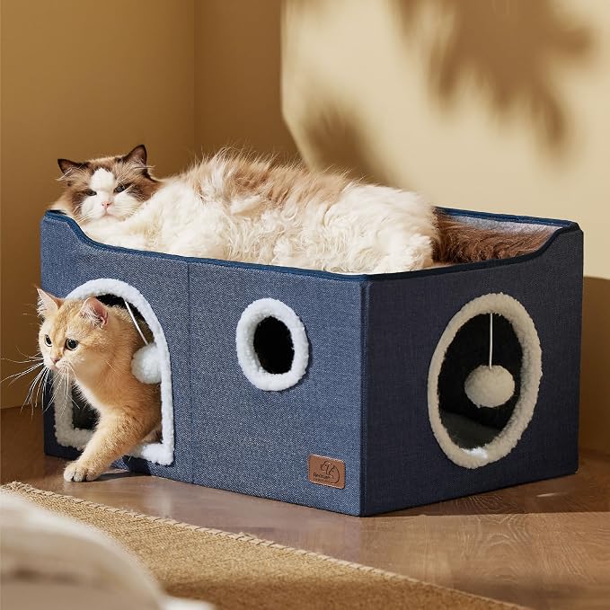 Bedsure Extra Wide Cat House Bed with Fluffy Ball and Scratch Pad,Blue | 23.6x16.9x13 in,Indoor Cat Cave for Multiple Pets, Foldable Cat Hideway Cube for Sleeping Large Cat and Kitten - Image 8