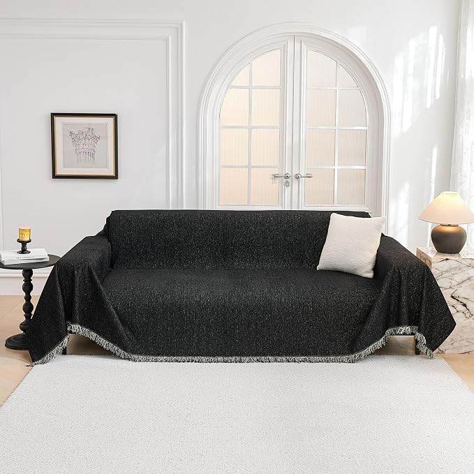 MYSKY HOME Black Chenille Sofa Slipcover Couch Covers for Sectional l Shaped Couch Pets Protector Furniture Covers Futon Cover Super Soft Washable Decorative Couch Covers for 3 Cushion, 91"x118" - Image 9