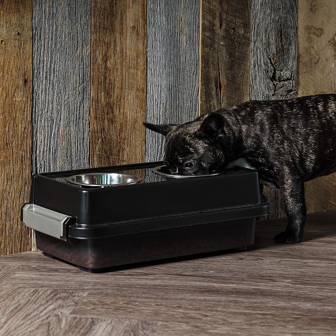 IRIS USA Elevated Dog Bowls with Storage, 6" H Raised Feeding Station, Dog Bowl Stand with Airtight Food Storage Holds 5 lbs, 4 Removable 16 oz Stainless Steel Food and Water Bowls, Smoke/Black - Image 7