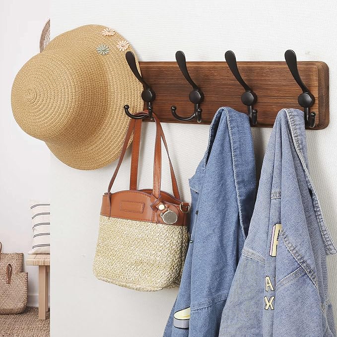 Dseap Coat Rack Wall Mounted - 5 Tri Hooks, Heavy Duty, Wooden Wall Coat Hanger Coat Hook for Clothes Hat Jacket Clothing, Natural & Black - Image 8