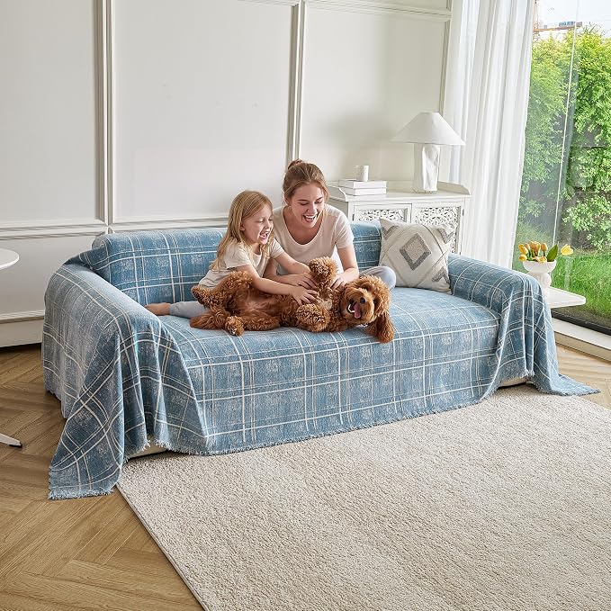 Couch Cover for Dogs Washable Sofa Cover, Sectional Couch Covers, Sofa Covers for 2 Cushion Couch, Non Slip Stripe Sofa Slipcovers Furniture Protector (Blue Checkered 91x134) - Image 9