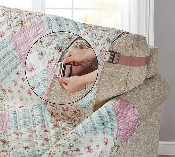 Brilliant Sunshine Pink and Green Rose Patchwork Couch Cover, Quilted X-Large Sofa Slipcover, 78" Seat Width, Slip Resistant Furniture Protector, 2" Strap, Washable Couch Cover for Pets, Pink Green | Non Slip Sofa Cover, Living Room Quilted Furniture P... - Image 6