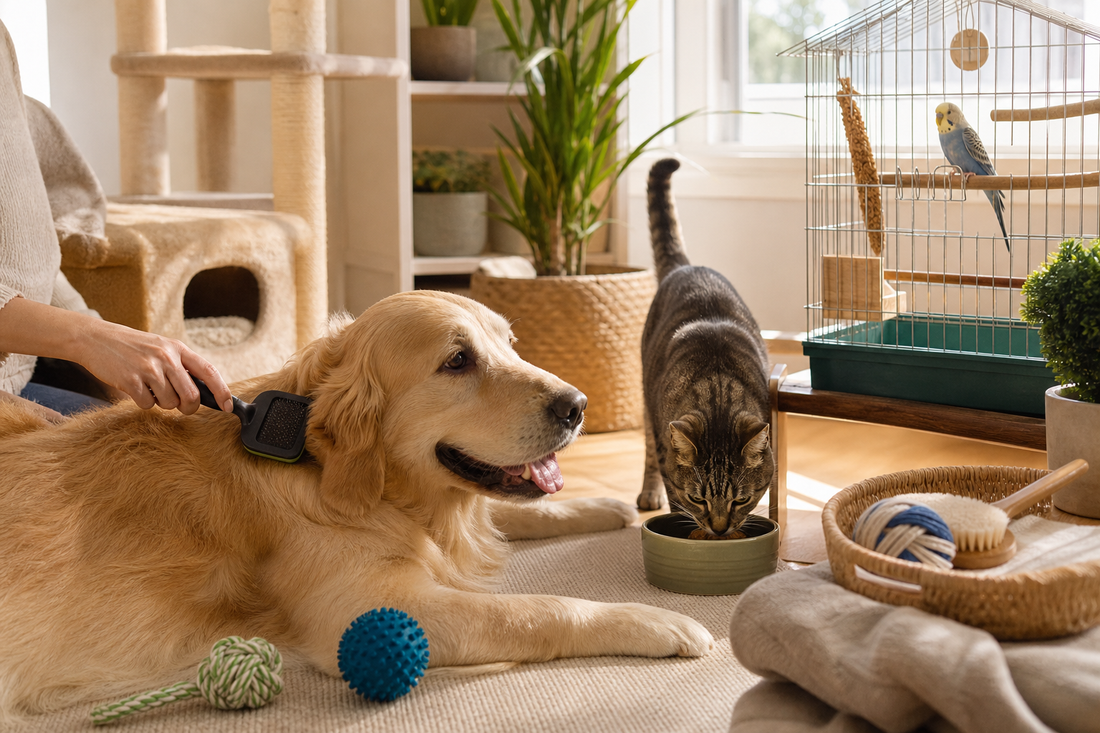 Unbranded practical sequence scene featuring everyday dog cat and bird care