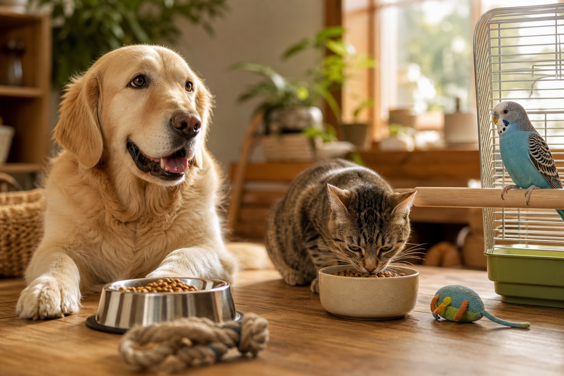 Unbranded practical sequence scene featuring everyday dog cat and bird care
