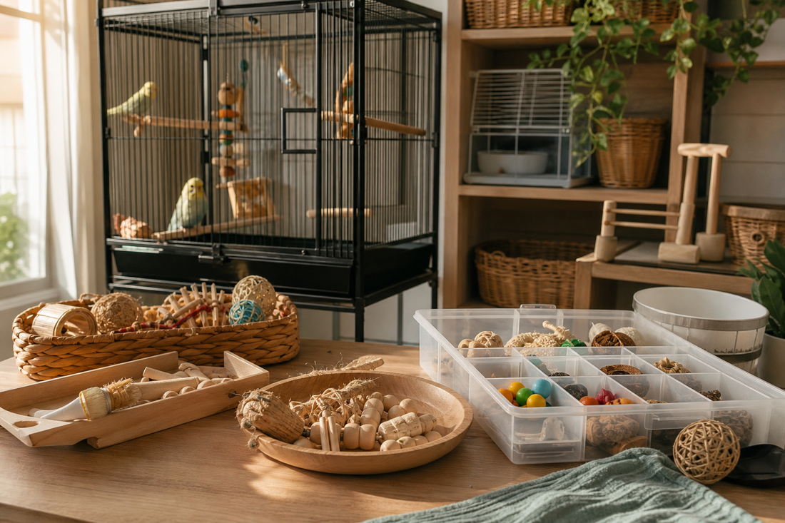 Unbranded repeatable routine scene featuring bird habitat and accessory organization