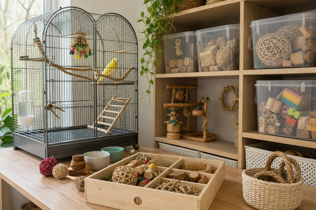 Unbranded repeatable routine scene featuring bird habitat and accessory organization