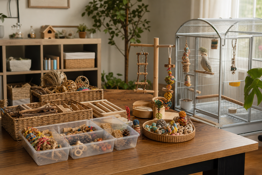 Unbranded repeatable routine scene featuring bird habitat and accessory organization