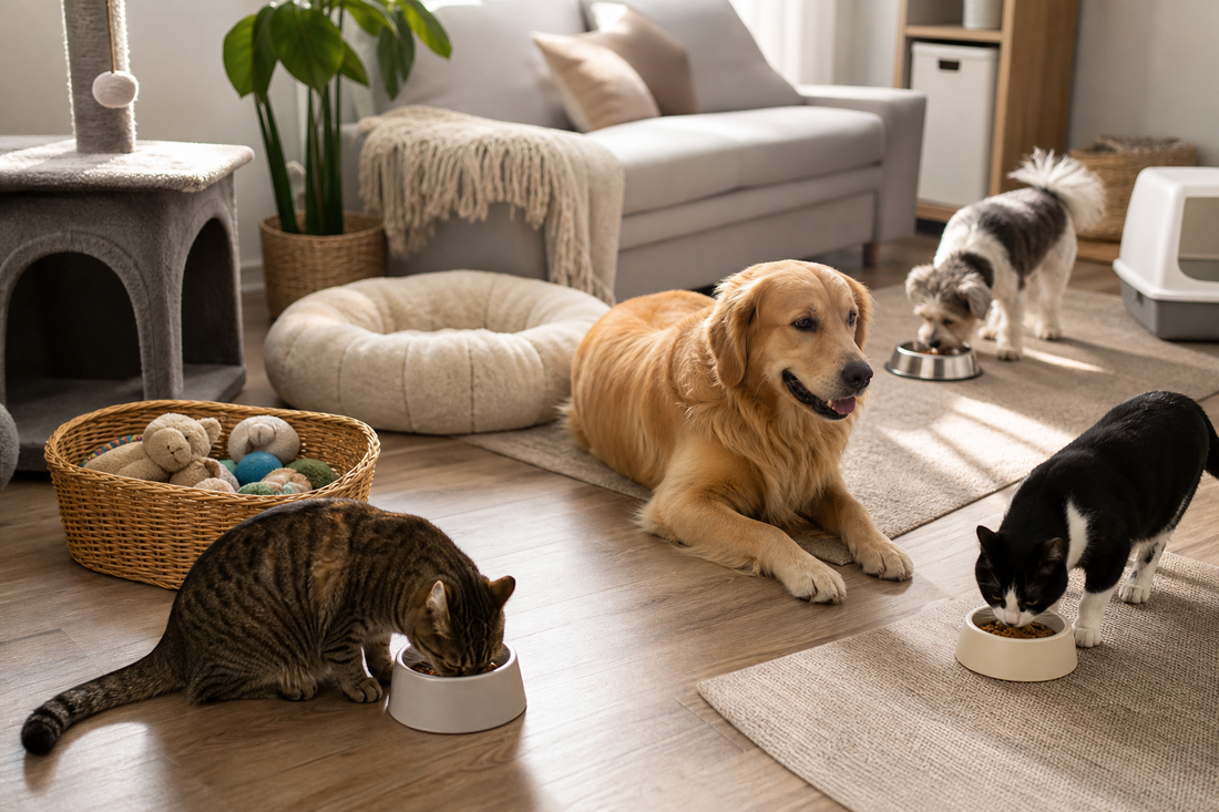 Unbranded organized spatial layout featuring multi-pet household routines